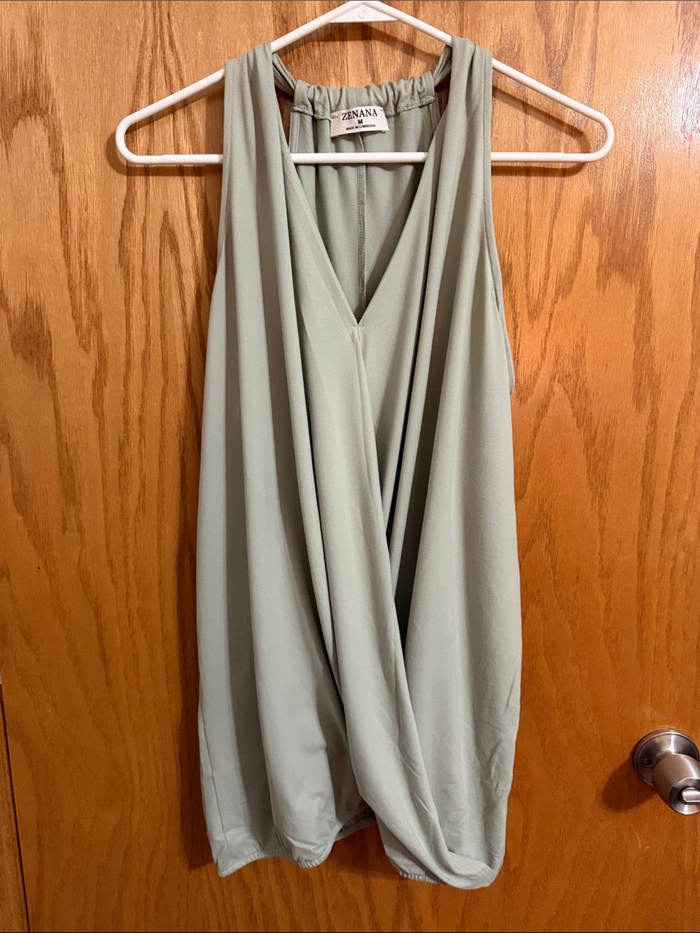 Zenana Outfitters Sage Green Draped V-Neck Sleeveless Top